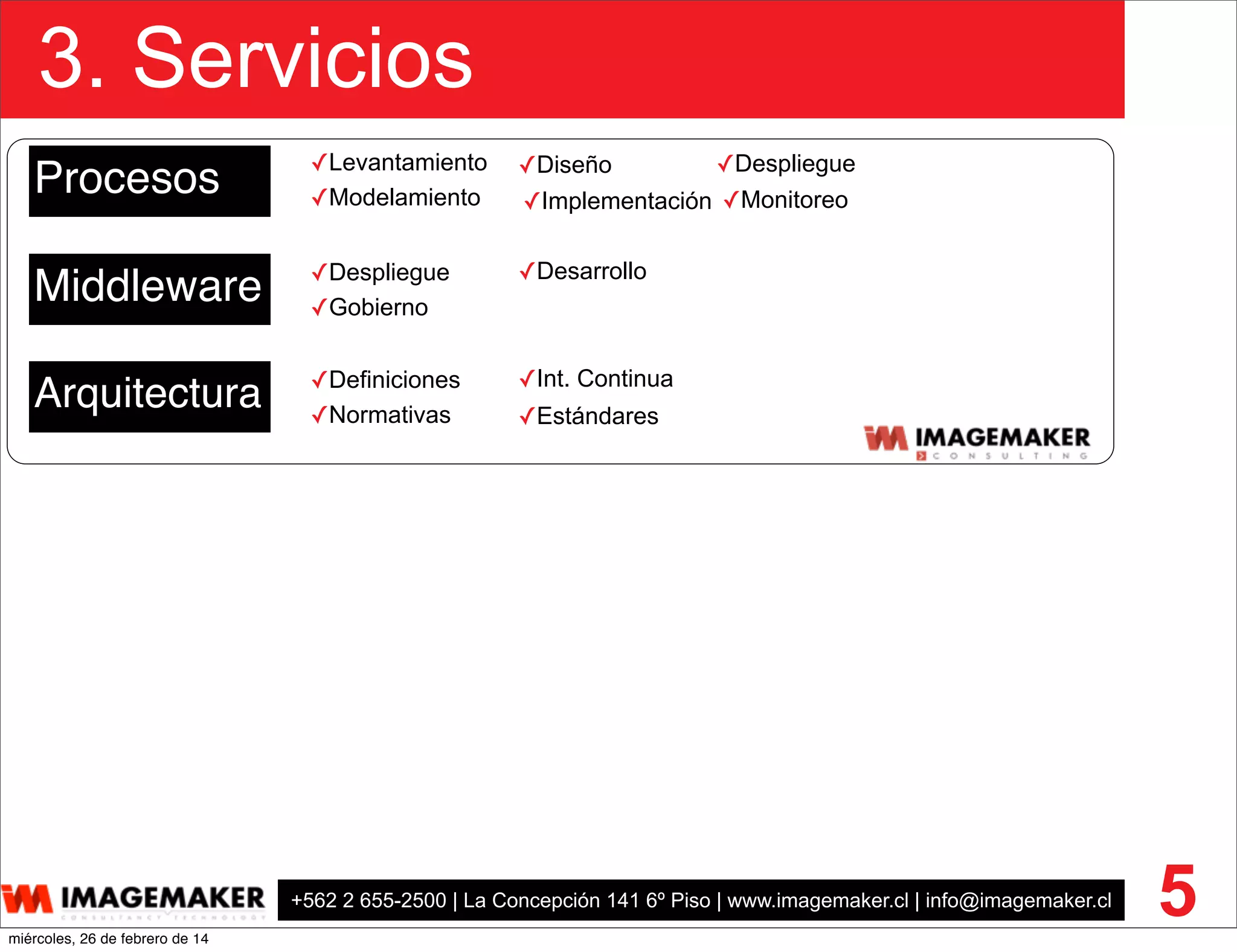 +562 2 655-2500 | La Concepción 141 6º Piso | www.imagemaker.cl | info@imagemaker.cl
3. Servicios
5
Procesos
Middleware ✓Despliegue
✓Gobierno
✓Desarrollo
Arquitectura ✓Definiciones
✓Normativas
✓Int. Continua
✓Estándares
✓Diseño
✓Implementación✓Modelamiento ✓Monitoreo
✓Despliegue✓Levantamiento
miércoles, 26 de febrero de 14
 