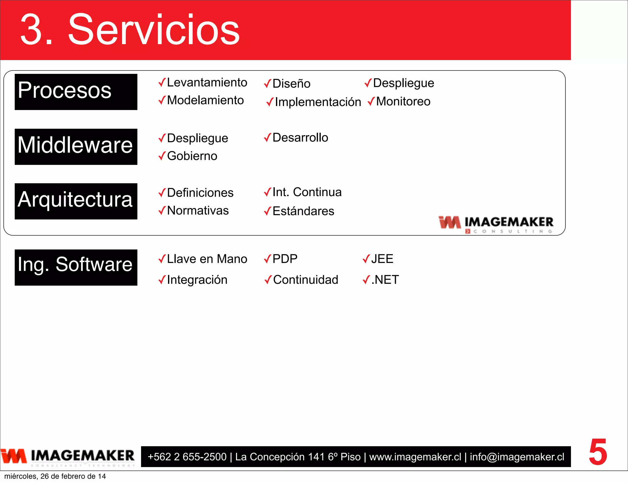 +562 2 655-2500 | La Concepción 141 6º Piso | www.imagemaker.cl | info@imagemaker.cl
3. Servicios
5
Procesos
Middleware
Ing. Software
✓Despliegue
✓Gobierno
✓Desarrollo
Arquitectura ✓Definiciones
✓Normativas
✓Int. Continua
✓Estándares
✓JEE
✓.NET
✓Llave en Mano
✓Integración
✓PDP
✓Continuidad
✓Diseño
✓Implementación✓Modelamiento ✓Monitoreo
✓Despliegue✓Levantamiento
miércoles, 26 de febrero de 14
 