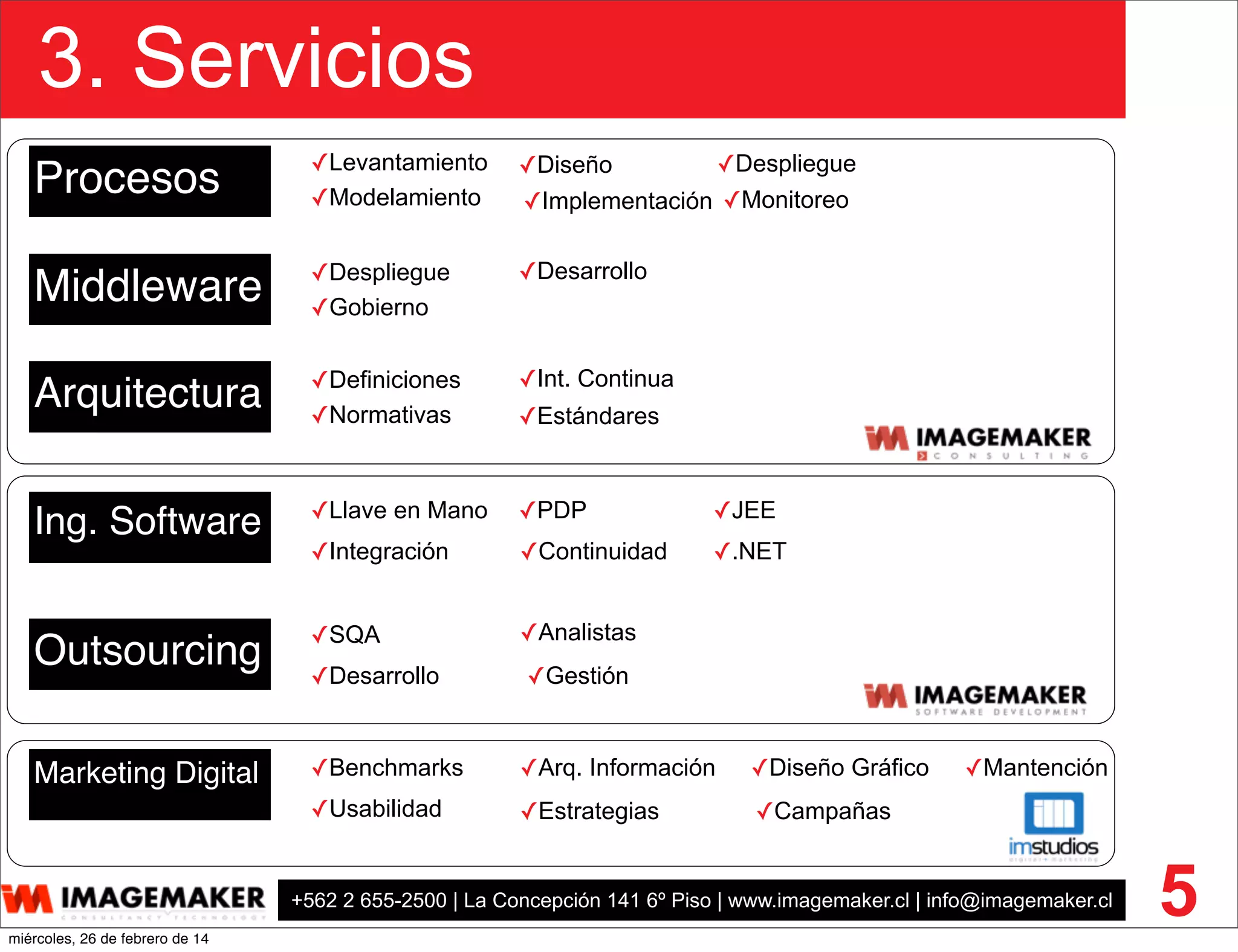 +562 2 655-2500 | La Concepción 141 6º Piso | www.imagemaker.cl | info@imagemaker.cl
3. Servicios
5
Procesos
Middleware
Ing. Software
Outsourcing
✓Despliegue
✓Gobierno
✓Desarrollo
Arquitectura ✓Definiciones
✓Normativas
✓Int. Continua
✓Estándares
✓SQA
✓Desarrollo
✓Analistas
✓Gestión
✓JEE
✓.NET
✓Llave en Mano
✓Integración
✓PDP
✓Continuidad
Marketing Digital ✓Benchmarks
✓Usabilidad
✓Arq. Información
✓Estrategias
✓Diseño Gráfico
✓Campañas
✓Mantención
✓Diseño
✓Implementación✓Modelamiento ✓Monitoreo
✓Despliegue✓Levantamiento
miércoles, 26 de febrero de 14
 