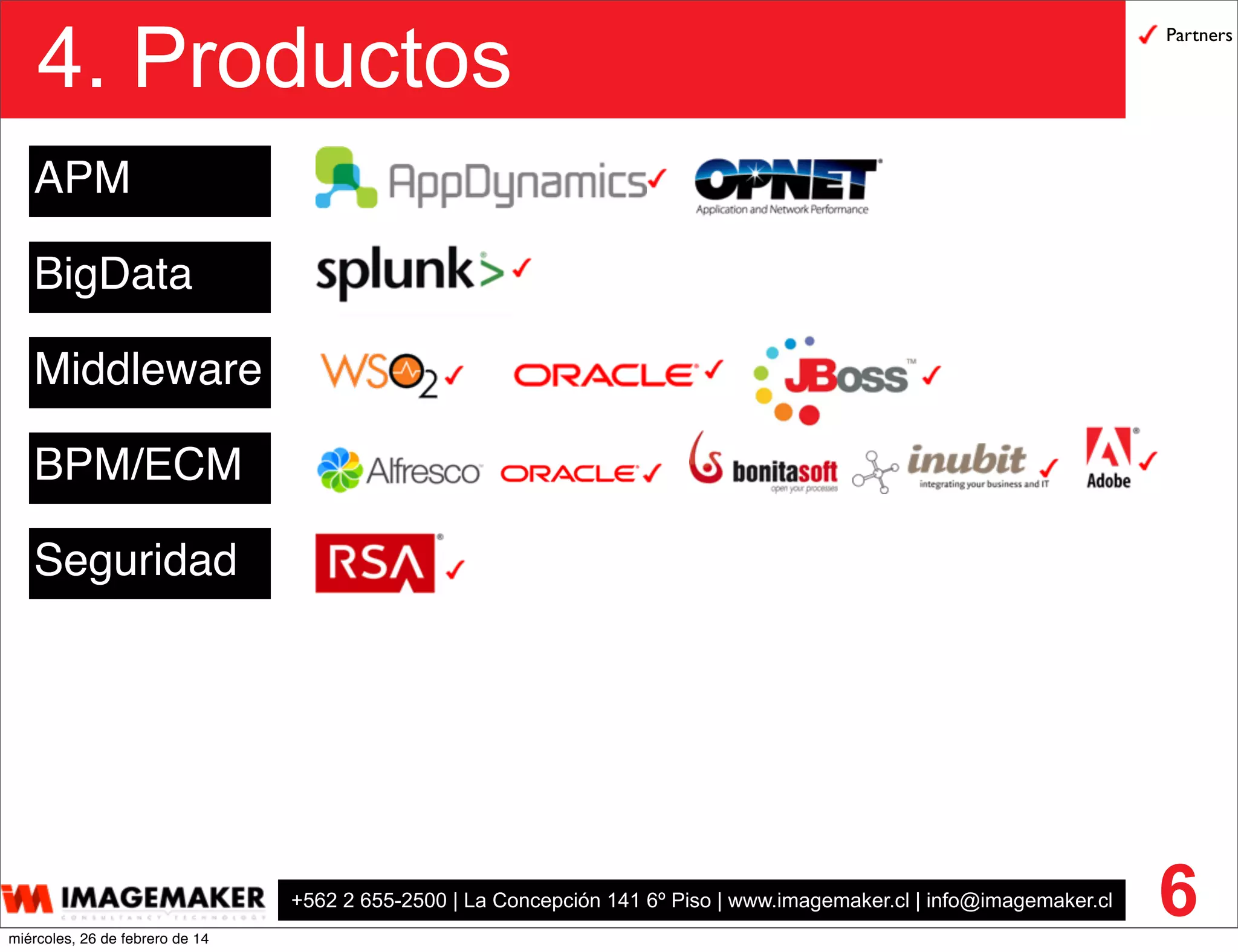 +562 2 655-2500 | La Concepción 141 6º Piso | www.imagemaker.cl | info@imagemaker.cl
4. Productos
6
APM
Middleware
BigData
BPM/ECM
Seguridad
Partners
miércoles, 26 de febrero de 14
 