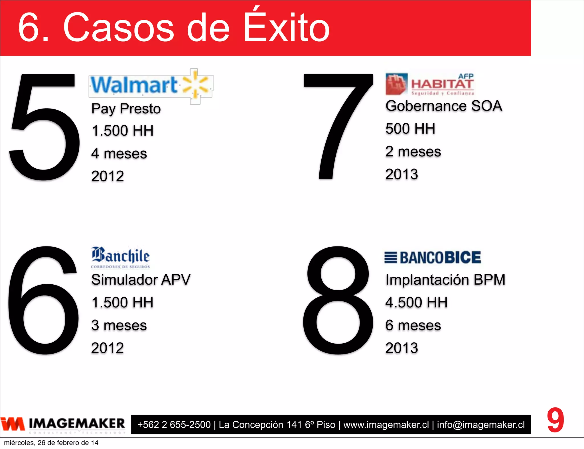 +562 2 655-2500 | La Concepción 141 6º Piso | www.imagemaker.cl | info@imagemaker.cl
6. Casos de Éxito
9
5Pay Presto
1.500 HH
4 meses
2012
Gobernance SOA
500 HH
2 meses
20137
Simulador APV
1.500 HH
3 meses
20126 Implantación BPM
4.500 HH
6 meses
20138
miércoles, 26 de febrero de 14
 