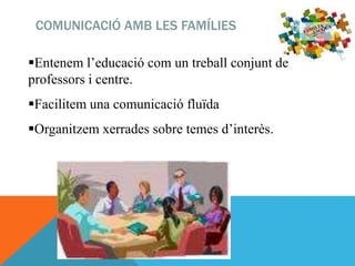 COMUNICACIÓ AMB LES FAMÍLIES
Entenem l’educació com un treball conjunt de
professors i centre.
Facilitem una comunicació fluïda
Organitzem xerrades sobre temes d’interès.
 