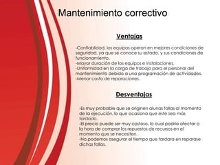 Mantenimiento correctivo
Ventajas
-Confiablidad, los equipos operan en mejores condiciones de
seguridad, ya que se conoce su estado, y sus condiciones de
funcionamiento.
-Mayor duración de los equipos e instalaciones.
-Uniformidad en la carga de trabajo para el personal del
mantenimiento debido a una programación de actividades.
-Menor costo de reparaciones.
Desventajas
-Es muy probable que se originen alunas fallas al momento
de la ejecución, lo que ocasiona que este sea más
tardado.
-El precio puede ser muy costoso, lo cual podría afectar a
la hora de comprar los repuestos de recursos en el
momento que se necesiten.
-No podemos asegurar el tiempo que tardara en reparase
dichas fallas.
 