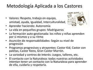 Metodología Aplicada a los Castores

• Valores: Respeto, trabajo en equipo,
  amistad, ayuda, Igualdad, Interculturalidad,
• Aprender haciendo: Autonomía
• La vida en pequeños grupos: Madrigueras
• La formación auto-gestionada: los niños y niñas aprenden
  por si mismos y a su ritmo
• Asunción de responsabilidades: Según su nivel de
  progresión
• Programas progresivos y atrayentes: Castor Kid, Castor con
  paletas, Castor Keeo, Gran Castor Marrón.
• La variedad y centros de Interés: Juegos, talleres, etc.
• El contacto con la Naturaleza: todas nuestras actividades
  intentan tener un contacto con la Naturaleza para aprender
  de ella, cuidarla y respetarla.
 