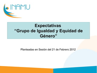 Expectativas
“Grupo de Igualdad y Equidad de
            Género”


  Planteadas en Sesión del 21 de Febrero 2012
 
