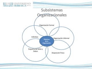 Disposición Física
Individuo
Esquema de Roles y
Status
Organización Informal
Objetivos
de la
Organización
Organización Formal
Subsistemas organizacionales
Subsistemas
Organizacionales
 