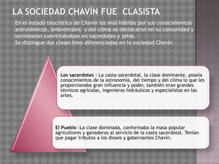 En el estado teocrático de Chavín los más hábiles por sus conocimientos
astronómicos, ambientales y del clima se destacaron en su comunidad y
terminaron convirtiéndose en sacerdotes y jefes.
Se distingue dos clases bien diferenciadas en la sociedad Chavín.




                  Los sacerdotes : La casta sacerdotal, la clase dominante, poseía
                  conocimientos de la astronomía, del tiempo y del clima lo que les
                  proporcionaba gran influencia y poder, también eran grandes
                  técnicos agrícolas, ingenieros hidráulicos y especialistas en las
                  artes.




                El Pueblo :La clase dominada, conformaba la masa popular
                agricultores y ganaderos al servicio de la casta sacerdotal. Tenían
                que pagar tributos a los dioses y gobernantes Chavín.
 