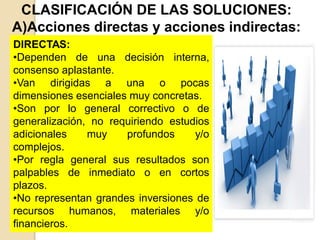 CLASIFICACIÓN DE LAS SOLUCIONES:
A)Acciones directas y acciones indirectas:
DIRECTAS:
•Dependen de una decisión interna,
consenso aplastante.
•Van dirigidas a una o pocas
dimensiones esenciales muy concretas.
•Son por lo general correctivo o de
generalización, no requiriendo estudios
adicionales muy profundos y/o
complejos.
•Por regla general sus resultados son
palpables de inmediato o en cortos
plazos.
•No representan grandes inversiones de
recursos humanos, materiales y/o
financieros.
 