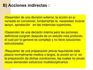 B) Acciones indirectas :
•Dependen de una decisión externa, la acción en si
consiste en convencer, fundamentar la necesidad, buscar
apoyo, aprobación en las instancias superiores.
•Dependen de una decisión interna pero las acciones
definitivas surgirán después de un estudio más profundo,
el cual por lo general es complejo y no tiene soluciones
estructuradas.
•Requieren de una preparación previa requiriendo ésta
plazos normalmente medios o largos, la acción en sí es
la preparación de dichas condiciones, las cuales no pocas
veces demandan esfuerzos multidisciplinarios.
 