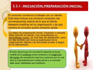 2.2.1. INICIACIÓN; PREPARACIÓN INICIAL
El consultor comienza a trabajar con un cliente.
Esta fase incluye sus primeros contactos, las
conversaciones acerca de lo que el cliente
desearía modificar en su organización y de qué
manera el consultor podría prestarle ayuda
La etapa de preparación inicial, iniciación o entrada
debe permitir al cliente y los consultantes un
aprendizaje mutuo, es una fase de adaptación, pero
en ella también se inicia la exploración de la
organización cliente y se formulará el plan a seguir
en la intervención.
El éxito del proceso de consultoría depende es buena
medida de la confianza mutua existente y la integración
del equipo de consultores internos y externos por lo cual
esto es trascendental para ambas partes y el consultar
debe tener habilidades para facilitarlo.
 