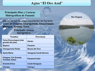 Principales Ríos y Cuencas
  Hidrográficas de Panamá                        Río Chagres

Dentro de los ríos más importantes de Panamá
están: el Chagres, Changuinola, Chucunaque,
Majagua, Sixaola, Tuira.
           Principales cuencas
              hidrográficas
           Nombre                  Provincia
Tuira-Chucunaque (más
                        Darién
grande del país)
Bayano                  Panamá
Changuinola-Teribe      Bocas del Toro

Santa María             Veraguas-Coclé-Herrera

Chagres, Ciri Grande,
                        Panamá-Colón
Trinidad, Gatún

Grande-Chico            Coclé-Veraguas
Chiriquí                Chiriquí
 