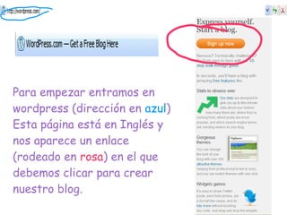 Para empezar entramos en
wordpress (dirección en azul)
Esta página está en Inglés y
nos aparece un enlace
(rodeado en rosa) en el que
debemos clicar para crear
nuestro blog.