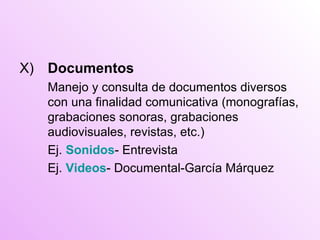 X) Documentos Manejo y consulta de documentos diversos con una finalidad comunicativa (monografías, grabaciones sonoras, grabaciones audiovisuales, revistas, etc.) Ej.  Sonidos -  Entrevista Ej.  Videos - Documental-García Márquez 