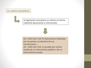 Los autores venezolanos
la legislación venezolana se utilizan en forma
indistinta documento e instrumento
Art. 1355 Cod. Civil: El instrumento redactado
por las partes y contentivo de sus
convenciones….
Art. 1356 Cod. Civil: La prueba por escrito
resulta de un instrumento público o de un
instrumento privado.
 