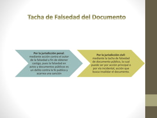 Por la jurisdicción penal:
mediante acción contra el autor
de la falsedad a fin de obtener
castigo, pues la falsedad en
actos y documentos públicos es
un delito contra la fe publica y
acarrea una sanción
Por la jurisdicción civil:
mediante la tacha de falsedad
de documento público, la cual
puede ser por acción principal o
por vía incidental, acción que
busca invalidar el documento.
 