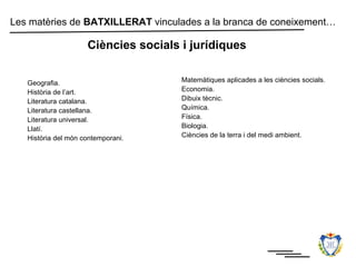 Les matèries de BATXILLERAT vinculades a la branca de coneixement…

                     Ciències socials i jurídiques


   Geografia.                         Matemàtiques aplicades a les ciències socials.
   Història de l’art.                 Economia.
   Literatura catalana.               Dibuix tècnic.
   Literatura castellana.             Química.
   Literatura universal.              Física.
   Llatí.                             Biologia.
   Història del món contemporani.     Ciències de la terra i del medi ambient.
 