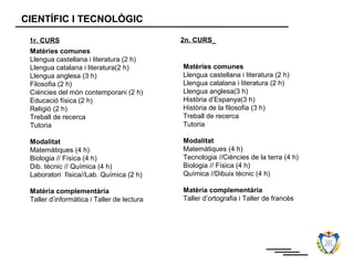 CIENTÍFIC I TECNOLÒGIC

 1r. CURS                                   2n. CURS
 Matèries comunes
 Llengua castellana i literatura (2 h)
 Llengua catalana i literatura(2 h)         Matèries comunes
 Llengua anglesa (3 h)                      Llengua castellana i literatura (2 h)
 Filosofia (2 h)                            Llengua catalana i literatura (2 h)
 Ciències del món contemporani (2 h)        Llengua anglesa(3 h)
 Educació física (2 h)                      Història d’Espanya(3 h)
 Religió (2 h)                              Història de la filosofia (3 h)
 Treball de recerca                         Treball de recerca
 Tutoria                                    Tutoria

 Modalitat                                  Modalitat
 Matemàtiques (4 h)                         Matemàtiques (4 h)
 Biologia // Física (4 h)                   Tecnologia //Ciències de la terra (4 h)
 Dib. tècnic // Química (4 h)               Biologia // Física (4 h)
 Laboratori física//Lab. Química (2 h)      Química //Dibuix tècnic (4 h)

 Matèria complementària                     Matèria complementària
 Taller d’informàtica i Taller de lectura   Taller d’ortografia i Taller de francès
 