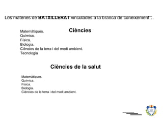 Les matèries de BATXILLERAT vinculades a la branca de coneixement…

      Matemàtiques.                   Ciències
      Química.
      Física.
      Biologia.
      Ciències de la terra i del medi ambient.
      Tecnologia


                            Ciències de la salut
       Matemàtiques.
       Química.
       Física.
       Biologia.
       Ciències de la terra i del medi ambient.
 
