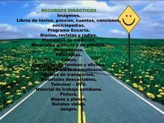 RECURSOS DIDÁCTICOS 
Imágenes. 
Libros de textos, poesías, cuentos, canciones, 
enciclopedias. 
Programa Encarta. 
Diarios, revistas y radios. 
Elementos de medición. 
Materiales gráficos y de plástica. 
Diccionarios. 
Fotocopias. 
Vídeos. 
Exposición de láminas y afiches. 
Elementos para la dramatización. 
Medios de transportes. 
Materiales descartables. 
Televisor – DVD. 
Material de trabajo cotidiano. 
Pintura. 
Mapas y planos. 
Señales viales. 
Juegos. 
 