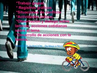 * Entrevistas 
*Trabajo grupal, 
* Registros gráficos 
*Situaciones de conflicto 
*Actividades lúdicas. 
*Observación y dialogo sobre 
laminas, acciones cotidianas 
sobre el tema. 
*Desarrollo de acciones con la 
familia. 
TIEMPO DE DURACIÓN: De Mayo a Noviembre. 
 