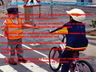2) FORMAS DE CIRCULAR EN LA VÍA PÚBLICA 
* Crear circuitos teniendo en cuenta giros, desplazamientos, 
distancias, longitudes, cantidades, etc. 
* Resolver problemas en donde la situación sea el choque 
entre vehículos, durante recorrido de sus juegos. 
* Recorrer zonas aledañas al jardín buscando señales de 
tránsito , semáforo ,senda peatonal etc. 
•Copiar durante el recorrido algunas señales 
•Indagar sobre los saberes previos que tiene los pequeños 
sobre el tema. 
Recibir en la institución a especialistas en educación vial 
del municipio /ciudad.(inspector de tránsito) 
 