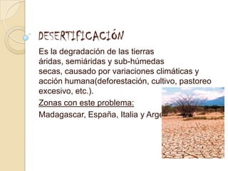 DESERTIFICACIÓNEs la degradación de las tierras áridas, semiáridas y sub-húmedas secas, causado por variaciones climáticas y acción humana(deforestación, cultivo, pastoreo excesivo, etc.).Zonas con este problema:Madagascar, España, Italia y Argentina.