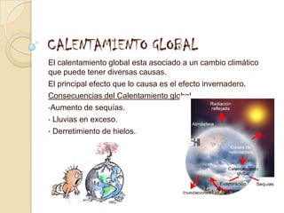 CALENTAMIENTO GLOBALEl calentamiento global esta asociado a un cambio climático que puede tener diversas causas.El principal efecto que lo causa es el efecto invernadero.Consecuencias del Calentamiento globalAumento de sequías.