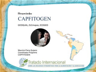Herramientas

CAPFITOGEN
GEOQUAL, ELCmapas, ECOGEO

Mauricio Parra Quijano
Coordinador Programa
CAPFITOGEN

 