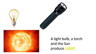 A light bulb, a torch
and the Sun
produce LIGHT.
 