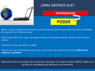                         ¿PARA OBTENER QUE?INFORMACION Debido a la gran cantidad de información que hay en internet, decide lo que quiere ver, tiene la posibilidad de comparar más e informarse mejor.Tomar mejores decisiones  según sus propios criterios y sin presiones externas. Decide a quien le quiere comprar. Le gustan los sitios web rápidos y usables. Está tan solo a un clic de distancia para irse de un sitio web si no encuentra lo que busca(información, confianza y usabilidad).PODERTodo esto le da una sensación de control de la situación, y lo mejor de todo, GRATIS, rápido y sin sacrificar la comodidad que disfruta en ese momento.