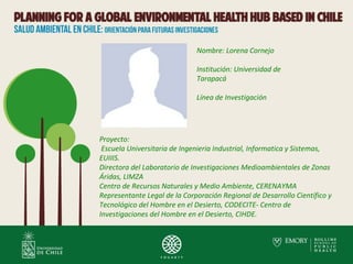 Nombre: Lorena Cornejo
Institución: Universidad de
Tarapacá
Línea de Investigación
Proyecto:
Escuela Universitaria de Ingenieria Industrial, Informatica y Sistemas,
EUIIIS.
Directora del Laboratorio de Investigaciones Medioambientales de Zonas
Áridas, LIMZA
Centro de Recursos Naturales y Medio Ambiente, CERENAYMA
Representante Legal de la Corporación Regional de Desarrollo Científico y
Tecnológico del Hombre en el Desierto, CODECITE- Centro de
Investigaciones del Hombre en el Desierto, CIHDE.
 