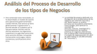 • Para contemplar estas necesidades, se
ha desarrollado un modelo de soporte
para operaciones gubernamentales
usando Internet. Este servicio se llama
genéricamente "e-government" y
permite atender al ciudadano por la
red para realizar trámites ante las
oficinas aduaneras, los organismos
impositivos y la seguridad social entre
otros servicios oficiales, incluyendo
transacciones como pagos, cobros,
constancias y certificaciones entre
otros.
• La cantidad de espacio dedicado a la
divulgación de la problemática de los
negocios por Internet crece día a
día. Basta realizar un análisis
primario con buscadores estándares
como Google, para apreciar la
cantidad de
artículos, noticias, investigación y
recomendaciones de mejores
prácticas en negocios electrónicos
que se desarrollan individualmente
o a través de organizaciones (En abril
de 2005 habían 6.720.000 entradas
de "ebusiness").
 