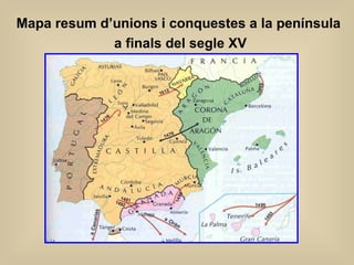 Mapa resum d’unions i conquestes a la península  a finals del segle XV 