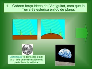 Cobren força idees de l’Antiguitat, com que la Terra és esfèrica enlloc de plana. Eratóstenes   va demostrar al S.III a. C. amb un senzill experiment que la Terra és esfèrica.  