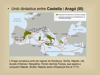 Unió dinàstica entre  Castella  i  Aragó (III) : L’Aragó comptava amb els regnes de Sardenya, Sicília, Nàpols i els ducats d’Atenes i Neopàtria. Ferran derrota França, que aspira a conquerir Nàpols. Sicília i Nàpols seran d’Espanya fins el 1713.  