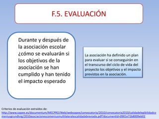 F.5. EVALUACIÓN


           Durante y después de
           la asociación escolar
           ¿cómo se evaluarán si                         La asociación ha definido un plan
           los objetivos de la                           para evaluar si se conseguirán en
                                                         el transcurso del ciclo de vida del
           asociación se han                             proyecto los objetivos y el impacto
           cumplido y han tenido                         previstos en la asociación.
           el impacto esperado



Criterios de evaluación extraídos de:
http://www.oapee.es/documentum/MECPRO/Web/weboapee/convocatoria/2010/convocatoria2010/calidadelegibilidadco
meniusgrundtvig/2010asociacionescomeniusmultilateralescalidadabreviada.pdf?documentId=0901e72b8009eb02
 