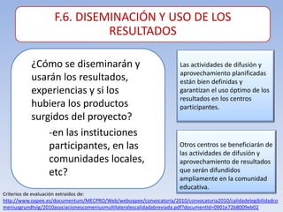 F.6. DISEMINACIÓN Y USO DE LOS
                              RESULTADOS

           ¿Cómo se diseminarán y                                   Las actividades de difusión y
                                                                    aprovechamiento planificadas
           usarán los resultados,                                   están bien definidas y
           experiencias y si los                                    garantizan el uso óptimo de los
                                                                    resultados en los centros
           hubiera los productos                                    participantes.
           surgidos del proyecto?
               -en las instituciones
               participantes, en las                                Otros centros se beneficiarán de
                                                                    las actividades de difusión y
               comunidades locales,                                 aprovechamiento de resultados
               etc?                                                 que serán difundidos
                                                                    ampliamente en la comunidad
                                                                    educativa.
Criterios de evaluación extraídos de:
http://www.oapee.es/documentum/MECPRO/Web/weboapee/convocatoria/2010/convocatoria2010/calidadelegibilidadco
meniusgrundtvig/2010asociacionescomeniusmultilateralescalidadabreviada.pdf?documentId=0901e72b8009eb02
 