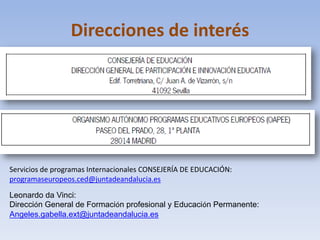 Direcciones de interés




Servicios de programas Internacionales CONSEJERÍA DE EDUCACIÓN:
programaseuropeos.ced@juntadeandalucia.es

Leonardo da Vinci:
Dirección General de Formación profesional y Educación Permanente:
Angeles.gabella.ext@juntadeandalucia.es
 