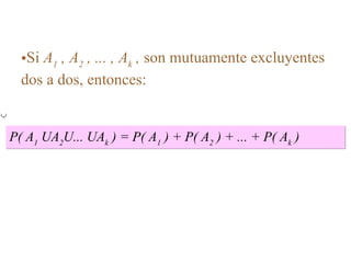 Si  A 1  , A 2  , ... , A k  ,  son  mutuamente excluyentes  dos a dos, entonces: P( A 1  UA 2 U... UA k  ) = P( A 1  ) + P( A 2  ) + ... + P( A k  ) 