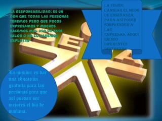 La visión:
La responsabilidad: es un    cambiar el modo
don que todas las personas   de enseñanza
tenemos pero que pocos       para así poder
expresamos y muchos          sorprender a
hacemos mal uso de este      las
valor o no lo sabemos        empresas, adqui
explotar                     riendo
                             diferentes
                             destrezas




La misión: es dar
una educación
gratuita para las
personas para que
así puedan ser
mejores el día de
mañana.
 