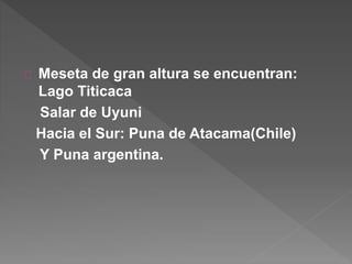 Meseta de gran altura se encuentran:
Lago Titicaca
Salar de Uyuni
Hacia el Sur: Puna de Atacama(Chile)
Y Puna argentina.
 