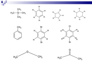 H
      CH3                                                                     H
                      H                H            H
                                               H                  H               H
H3C   Si    CH3
                                                         H
      CH3             H                H                          H               H
                                               H
                                                                              H
                              H                    H



      CH3                         Br                         Cl

                          H                H           aH             H
                                                                          a


                                                        bH            H
                      H                    H                           b
                                  Br                         Br


                                                             O
                  O
  H3C                         CH3                  H3C                     CH3
 