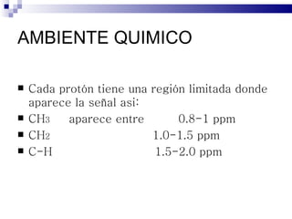 AMBIENTE QUIMICO

   Cada protón tiene una región limitada donde
    aparece la señal asi:
   CH3    aparece entre       0.8-1 ppm
   CH2                   1.0-1.5 ppm
   C-H                    1.5-2.0 ppm
 
