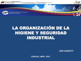 LA ORGANIZACIÓN DE LA
HIGIENE Y SEGURIDAD
INDUSTRIAL
JOSE GAZZOTTI
CARACAS, ABRIL 2014
 
