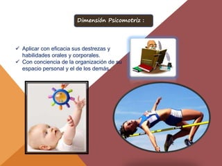  Aplicar con eficacia sus destrezas y
habilidades orales y corporales.
 Con conciencia de la organización de su
espacio personal y el de los demás.
Dimensión Psicomotriz :
 