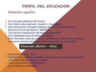  Con principio dialéctico del mundo.
 Con sólida cultura general, creador e investigador.
 Que conozca los conceptos básicos del marco conceptual de la
Estructura Curricular Básica –MINEDU.
 Con dominio cognoscitivo del área que desarrolla
 Con habilidades para el trabajo en equipo.
 Está informado sobre los sucesos y cambio en el mundo que le rodea y
conoce los avances tecnológicos en una época muy competitiva.
PERFIL DEL EDUCADOR:
Dimensión cognitiva
 Dimensión afectivo – ético
 Poseedor de su estado saludable, que garantice una actividad eficiente
y de buen carácter, Integro y honesto.
 Líder, comunicativo y democrático.
 Con iniciativa y sensibilidad.
Dimensión afectivo – ético:
 