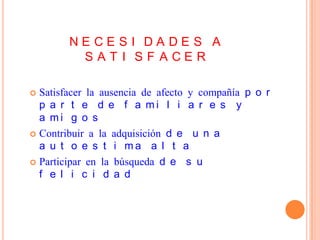NECESI DADES A
         SAT I SF ACER

 Satisfacer la ausencia de afecto y compañía p o r
  p a r t e d e f a mi l i a r e s y
  a mi g o s
 Contribuir a la adquisición d e u n a
  a u t o e s t i ma a l t a
 Participar en la búsqueda d e s u
  f e l i c i d a d
 