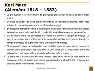Karl Marx (Alemán: 1818 – 1883) La producción y el intercambio de productos constituyen la base de todo orden social. Se debe descubrir las leyes del movimiento de la sociedad capitalista, para luego señalar, lo que serían los cursos rectificatorios a seguir. Se buscaba demostrar como el capitalismo explotaba necesariamente a la clases trabajadora y que esta explotación conduciría inevitablemente a su destrucción.  Se distingue entre los conceptos de fuerza de trabajo y tiempo de trabajo. La fuerza de trabajo hace referencia a la capacidad del hombre para el trabajo; el tiempo de trabajo es el proceso real y la duración del trabajo. El empresario paga al trabajador una cantidad igual al valor de su fuerza de trabajo, pero este pago equivale sólo a una parte de la producción diaria del trabajador y, por tanto, sólo a parte del valor que este produce. La clave de la explotación, en este sistema, está en el hecho de que existe una diferencia entre el salario que recibe un trabajador y el valor del producto que produce. Marx lo denomina “Plusvalía”. 