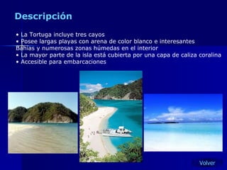 Descripción La Tortuga incluye tres cayos  Posee largas playas con arena de color blanco e interesantes  Bahías y numerosas zonas húmedas en el interior  La mayor parte de la isla está cubierta por una capa de caliza coralina  Accesible para embarcaciones Volver 
