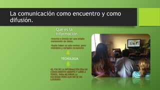 La comunicación como encuentro y como 
difusión. 
Que es la 
información 
•Intenta o simula ser una simple 
transmisión de datos. 
•Suele haber un solo emisor, pero 
múltiples y variados receptores 
TECNOLOGIA 
•EL FIN DE LA INFORMACIÓN ERA UN 
CONOCIMIENTO ABIERTO Y LIBRE A 
TODOS, PARA MEJORAR LA 
SOCIEDAD PERO AUN NO SE HA 
LOGRADO. 
 